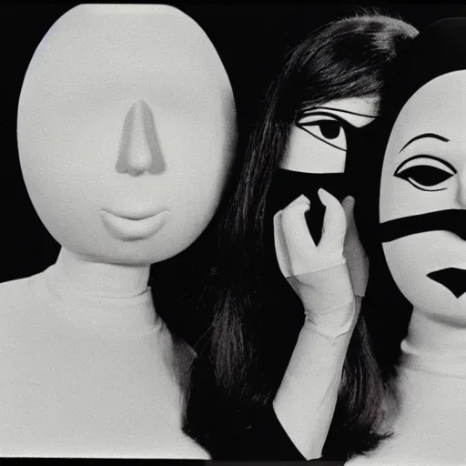 Prompt: 1970 twin women on tv show wearing a mask with a long prosthetic nose and nostril, wearing a leotard on the hillside 1970 color archival footage color film 16mm holding a hand puppet Fellini Almodovar John Waters Russ Meyer Doris Wishman