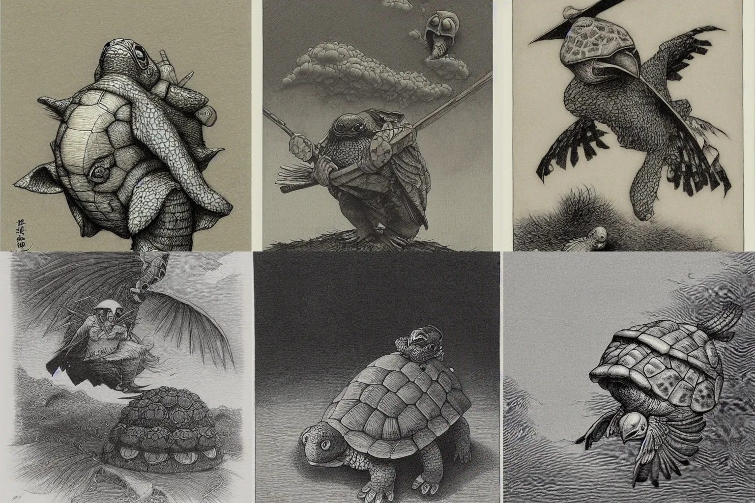 Prompt: tengu turtle by John Kenn Mortensen, style of Yoshitaka Amano, style of Gustave Dore