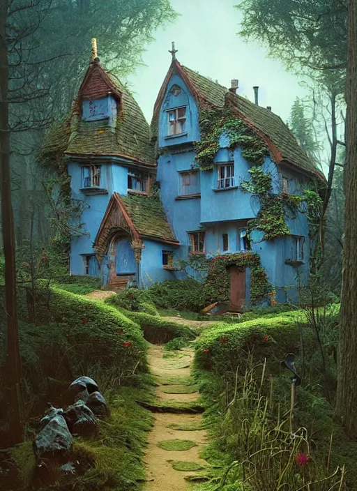 Image similar to hyper realistic homely ornate modern witch cottage distant down a path in the woods gorgeous lighting, blue sky, highly detailed, lush forest by zdzisław beksinski and norman rockwell and greg rutkowskiweta studio, and lucasfilm