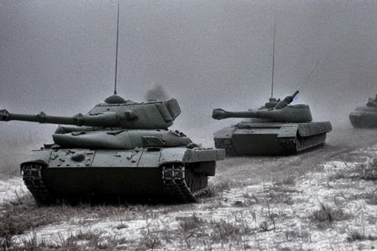 Image similar to flash photograph of russian tanks, accompany by soviet infantry squad, 1985, creepy, haunted, fog, atmospheric, vintage photo