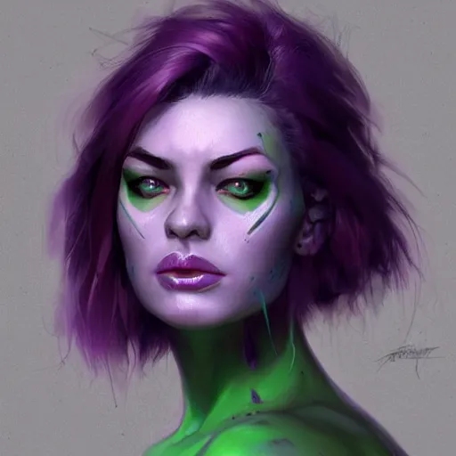 Prompt: a face portrait of a purple haired human woman, with a green tongue, by dorian cleavenger, greg rutkowski, wlop, trending on artstation