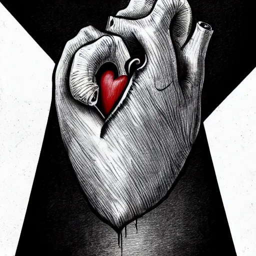 Image similar to hands ripping a heart into pieces, sadness, dark ambiance, concept by Godfrey Blow, featured on deviantart, drawing, sots art, lyco art, artwork, photoillustration, poster art