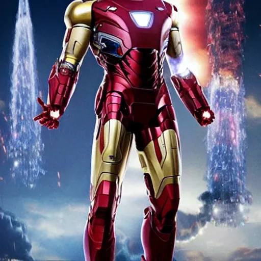 Image similar to promotional image of Joe Biden as Iron Man in Iron Man（2008）, he wears Iron Man armor without his face, movie still frame, promotional image, imax 70 mm footage