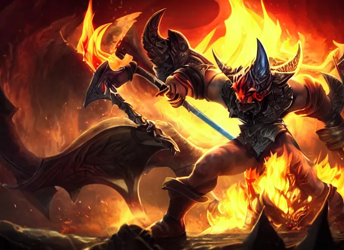 Prompt: league champion splash art of the devil holding a flaming sword