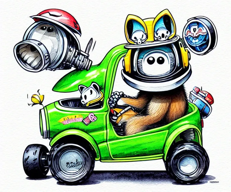 Image similar to cute and funny, racoon wearing a helmet riding in a tiny 4 wheeler with oversized engine, ratfink style by ed roth, centered award winning watercolor pen illustration, isometric illustration by chihiro iwasaki, edited by range murata, tiny details by artgerm, symmetrically centered