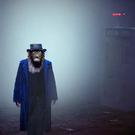 Image similar to poor lion man as a rough dirty old man with a scruffy beard in a dark blue trenchcoat as the new doctor who, cinematic, volumetric lighting, f 8 aperture, cinematic eastman 5 3 8 4 film, photorealistic