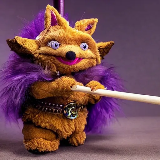 Prompt: a fox wizard druid as a fluffy chibi muppet plush wearing a wizard cloak and holding a staff made from a stick with an amethyst gemstone tied at the top, photorealistic, photography, national geographic, sesame street