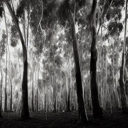 Image similar to long exposure photograph of eucalyptus trees, strong wind, back light, dslr, photographed by trent parke