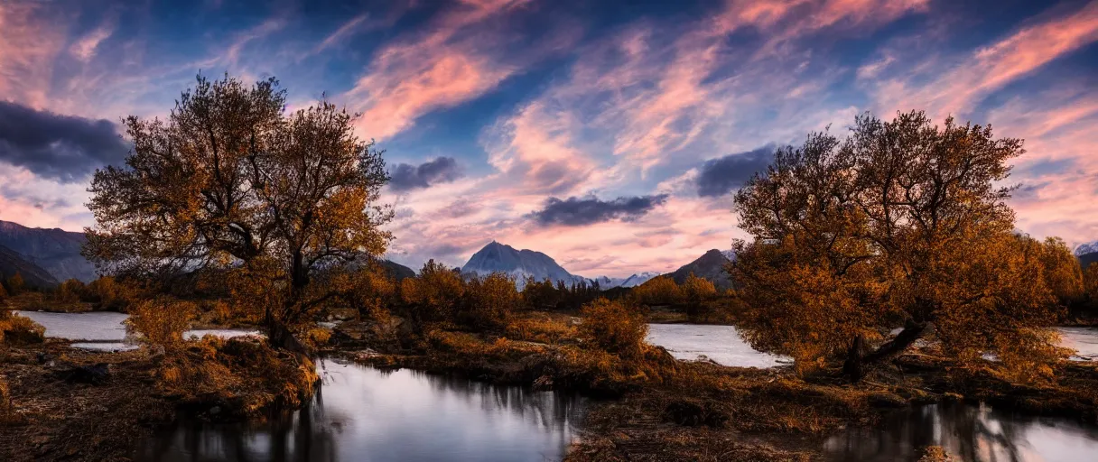 Prompt: Tree, mountains, river, landscape, photo, 4k, wind,reflections, realistic, camera, sunset, cold tones