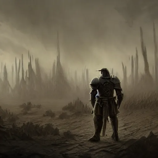 Prompt: A single knight standing against an army of orcs in the desert, HD, ultra detail, matte, fantasy, famous illustration, masterpiece, dark atmosphere, war, good value control, intricate, cinematic, concept art, art by Leesha Hannigan and Greg Rutkowski, 8K, foggy,