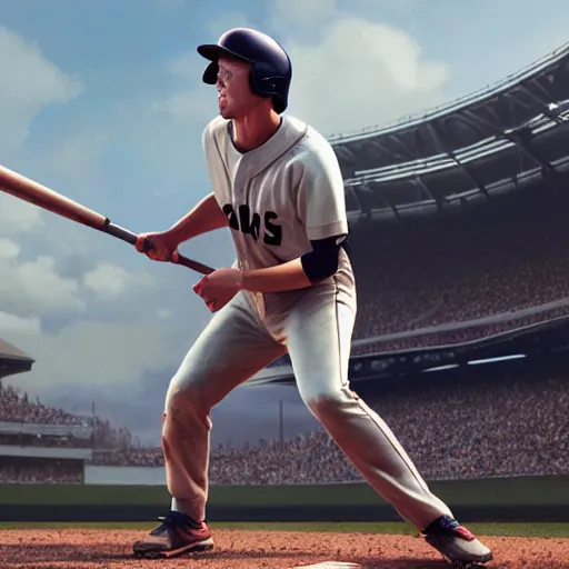 Image similar to baseball player hitting the ball with the baseball bat in the middle of the game and in front of everyone in the stadium, james gurney painting style, greg rutkowski, artstation, octane render, unreal engine 5