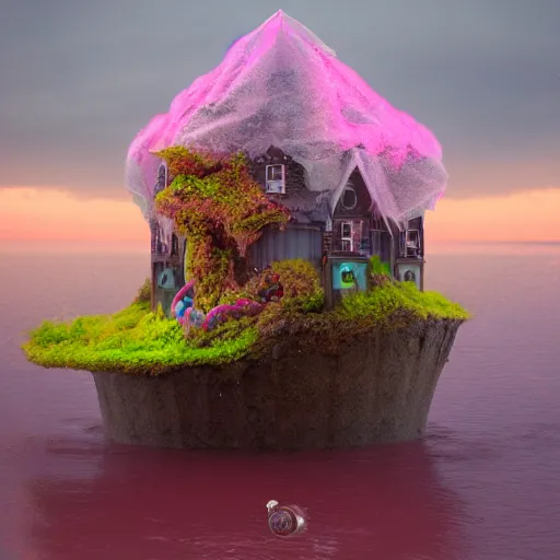 Image similar to a witches house made out of candy floating on the ocean, epic scene, fantasy, cinematic, redshift render, cgi, hyper - detailed, photo - bash, 8 k post - production, masterpiece