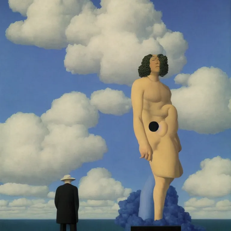 Image similar to cloud - man, by rene magritte, centered, detailed painting, hd, hq, high resolution, high detail, 4 k, 8 k