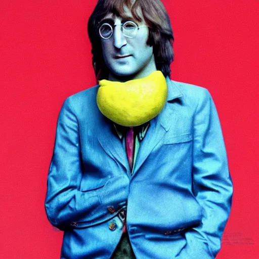 Image similar to john lennon inside a lemon costume, ultra realistic, highly detailed, colorized, 4 k