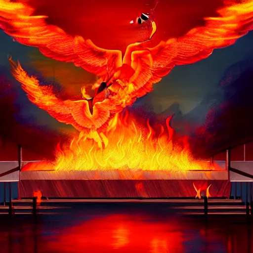 Image similar to in the lower part of the picture is the harp burning in the fire, above are cranes flying in flames, digital painting, concept art