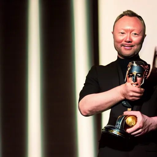 Image similar to limmy holding bafta award, realistic, wide shot, dramatic lighting, hyper realistic, high quality, highly detailed, hd, beautiful, cinematic, 8 k, unreal engine, facial accuracy, symmetrical,