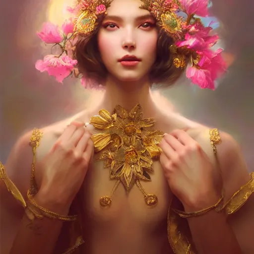 Prompt: expressive oil painting, of alluring european princess, seductive look, smooth glowing skin, glistening body, love, adoration, ornate headpiece made from flowers, glamour shot, by yoshitaka amano, by greg rutkowski, by jeremyg lipkinng, by artgerm, digital art, octane render, flowery robe