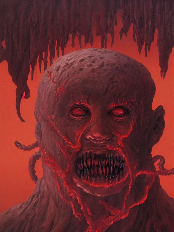 Image similar to wayne barlowe painting of a flying sorrowful looking severed human head with tears running down it's eyes, face that is chalk white in color, with long white tentacles stemming from it's neck, fiery scorching red eyes, background sprawling terrifying hellish cave with lava flowing through it's walls, 4 k