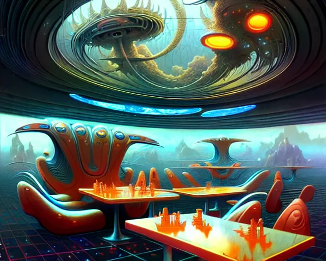 Image similar to a futuristic mcdonalds restaurant, fantasy landscape made of fractals facing each other, ultra realistic, wide angle, intricate details, the fifth element artifacts, highly detailed by peter mohrbacher, hajime sorayama, wayne barlowe, boris vallejo, aaron horkey, gaston bussiere, craig mullins