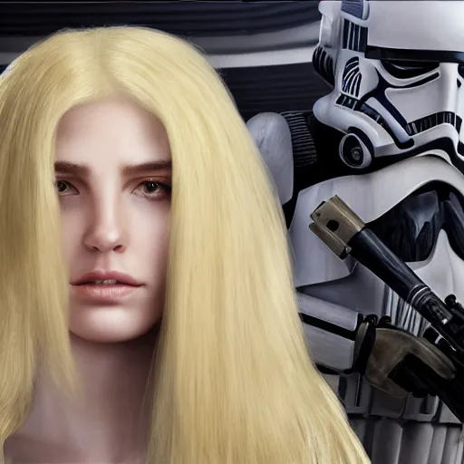 Prompt: 5 foot 7 woman with medium long dirty blonde hair with slightly wavy tendrils surrounding the face being captured by stormtroopers, highly detailed, high definition, ultra realistic