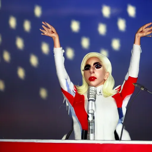 Image similar to Lady Gaga as president, Argentina presidential rally, Argentine flags behind, bokeh, giving a speech, detailed face, Argentina