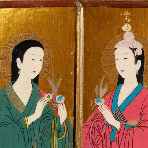 Prompt: portrait of 2 different asian looking girls close up one look away one is holding lotus flower in iconography style theophanes the greek glitter chinese ornament dress swan