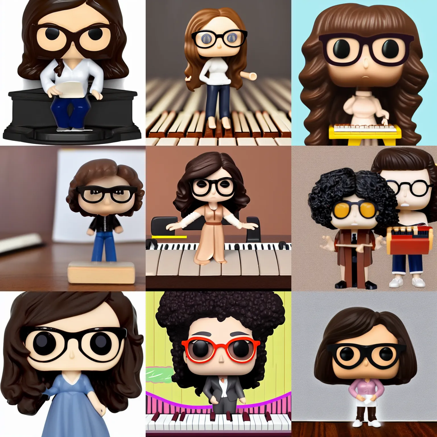 Prompt: pop figure of mom with long, brown, slightly curly hair and glasses playing the piano