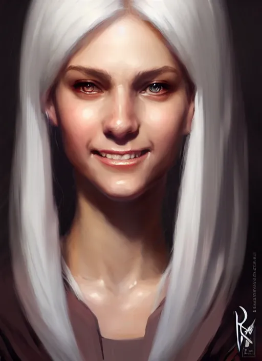 Image similar to a _ fantasy _ style _ portrait _ painting _ of white girl, dark ponytail hair, smiling, round face, rpg dnd oil _ painting _ unreal _ 5 _ daz. _ rpg _ portrait _ extremely _ detailed _ artgerm _ greg _ rutkowski _ greg