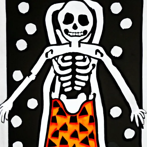 Prompt: a skeleton with hands that looks like traffic - cones