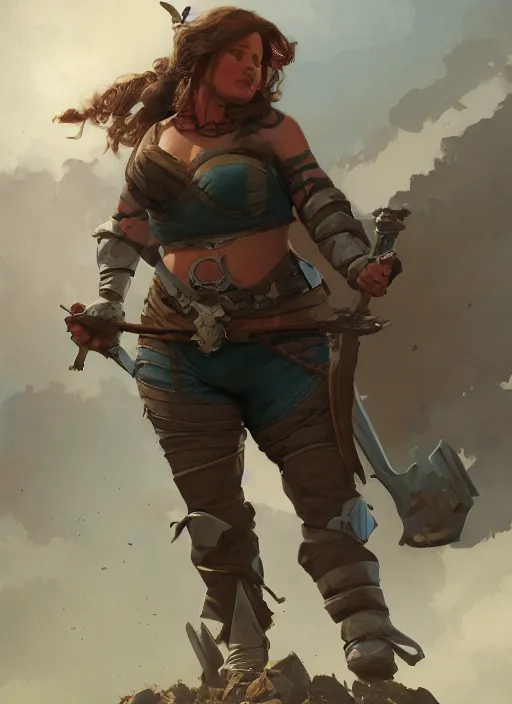 Image similar to hyper realistic photo of medieval chubby beautiful rogue hunter girl, full body, rule of thirds, conceptart, saturated colors, cinematic, greg rutkowski, brom, james gurney, mignola, craig mullins, artstation, cgsociety