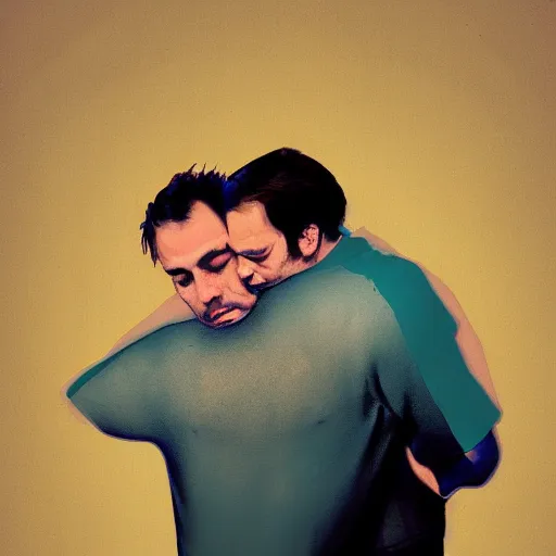 Image similar to two men hugging each other in front of a backdrop, a picture by justin currie, tumblr contest winner, art brut, renaissance painting, lighthearted, seapunk