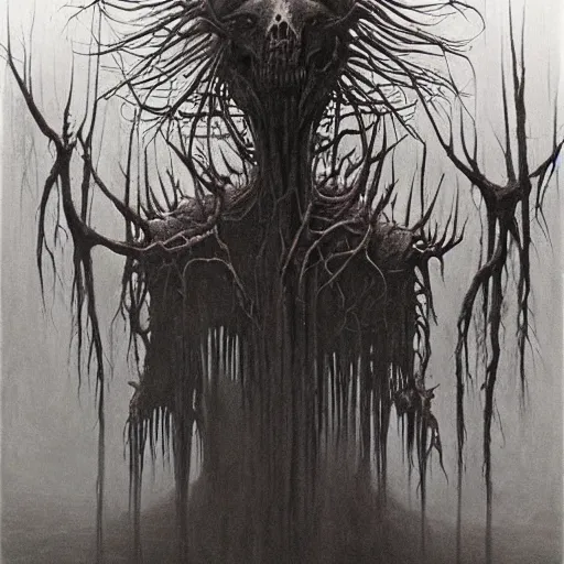 Prompt: shadowknight archfiend beksinski, spine chilling, creepy creature, terrifying, horror spooky