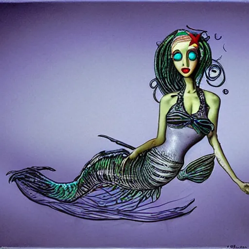 Image similar to a robotic mermaid, art by tim burton