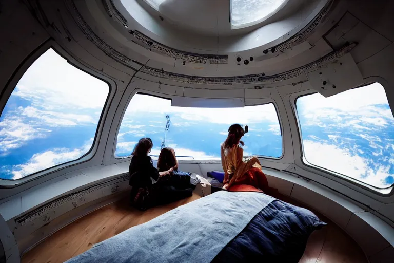 Image similar to sci-fi scene of space tourists in glamourous spaceship bedroom looking out large circular window at earth orbit By Emmanuel Lubezki