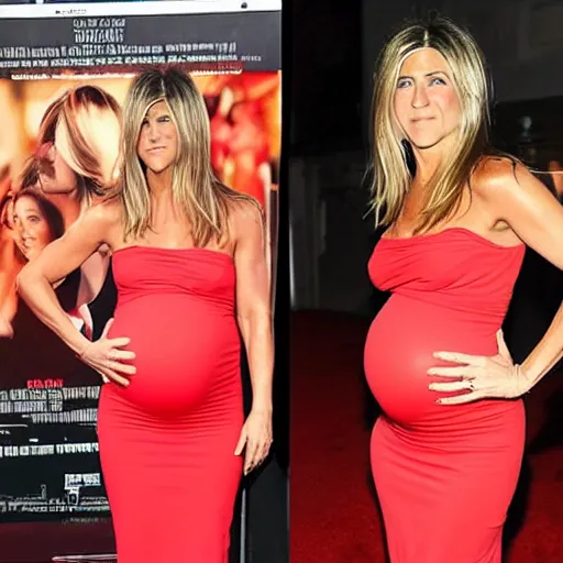 Prompt: Pregnant Jennifer Aniston in a red dress at a movie premiere, paparazzi photograph