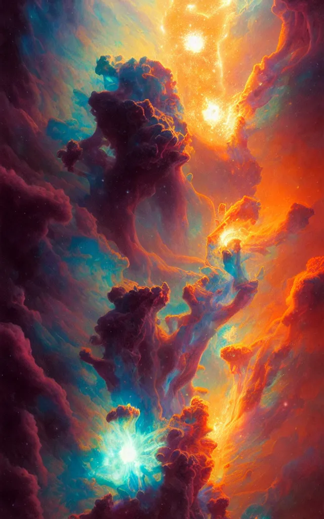 Prompt: psychedelic transcendent puffs of smoke explosion, supernova, nebulae, pillars of creation, enlightenment, high contrast lighting, highly detailed, concept art, art by collier, albert aublet, krenz cushart, artem demura, alphonse mucha