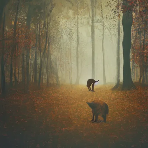 Image similar to Ryan Gosling holding a cute caracal in an autumn forest, by Aron Wiesenfeld and beksincki, cinematic, detailed illustration, nature, fog, dark colors, suspense, intricate, 8k