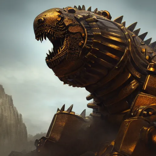 Image similar to Portrait of an angry mechanical bronze steampunk Godzilla. 4K. Concept art. Unreal engine. Highly detailed.