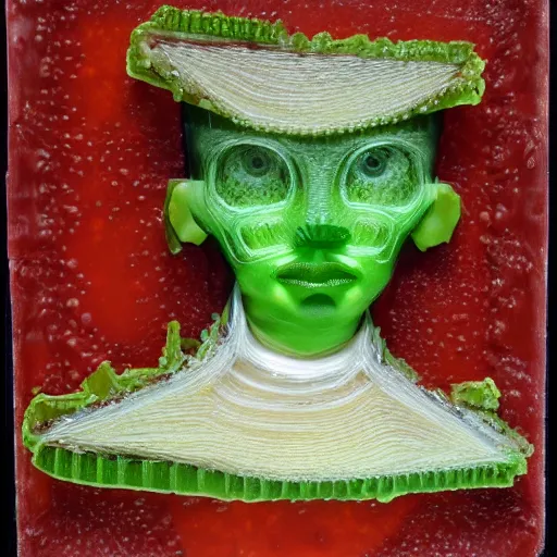 Prompt: a vintage robot head made out of jello aspic salad by giuseppe arcimboldo, oil on canvas