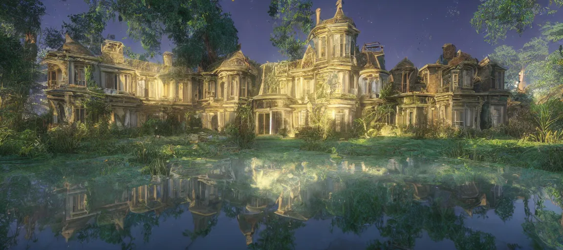 Image similar to an abandoned mansion on a humongous luminescent crystal biome by pixar, smooth, cinematic, wet reflections, ray tracing x, rtx, smooth