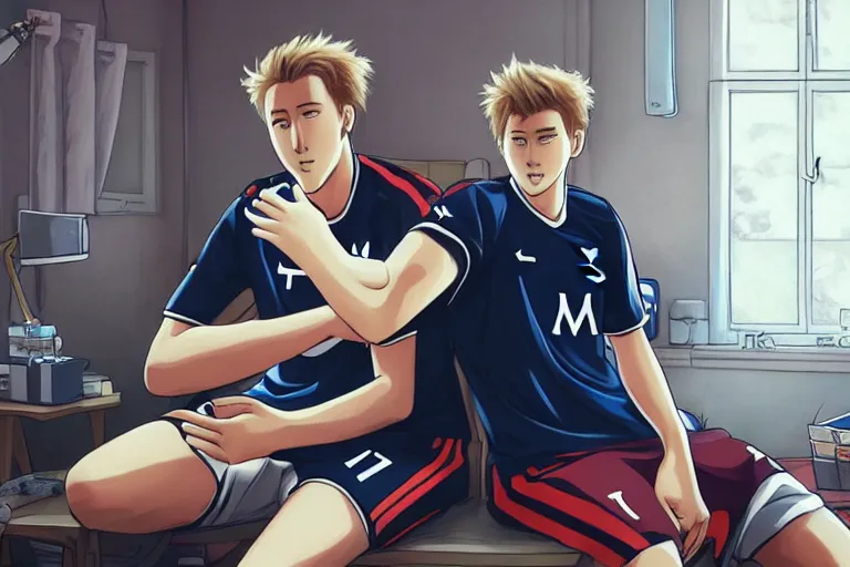 Image similar to beautiful anime harry kane and son heung-min sitting in a 90s teenagers bedroom, highly detailed, realistic, dynamic lighting, cinematic, masterpiece, trending on artstation,