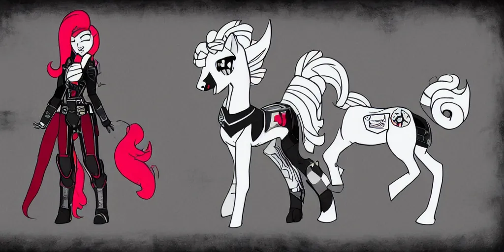 Image similar to Fallout Equestria Project Horizons | Blackjack Character Concept Art | White MLP Unicorn Mare with red and black shaggy hair, and bright, robotic eyes. | Cutie Mark is: Ace and Queen of Spades | Trending on ArtStation, Digital Art, MLP Fanart, Fallout Fanart | Blackjack sitting and looking depressed at the viewer