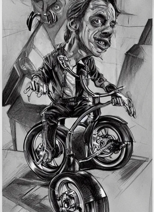 Image similar to beautiful concept art comic book drawing of steve buscemi riding a tricycle by randy vargas and by simon bisley