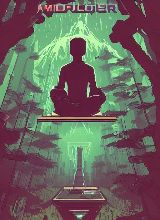 Prompt: a transparent glass movie poster of a cyberpunk explorer meditating next to a floating triangular glowing monolith in a forest, risograph by laurie greasley, kawase hasui, josan gonzalez, pascal blanche and edward hopper, colourful flat surreal design, in the style of oxenfree, super detailed, a lot of tiny details, fullshot