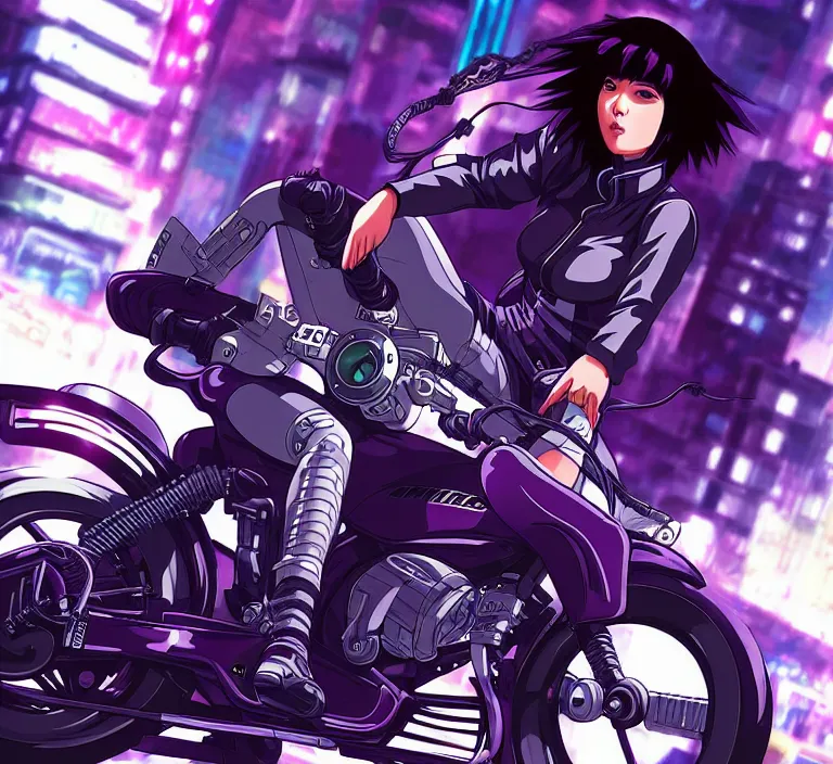 Image similar to motoko kusanagi riding a cyberpunk vehicle in a grungy cyberpunk megacity, bosozoku gang war, cyberpunk vaporwave, artgerm, sola digital arts, anti aliasing, raytracing