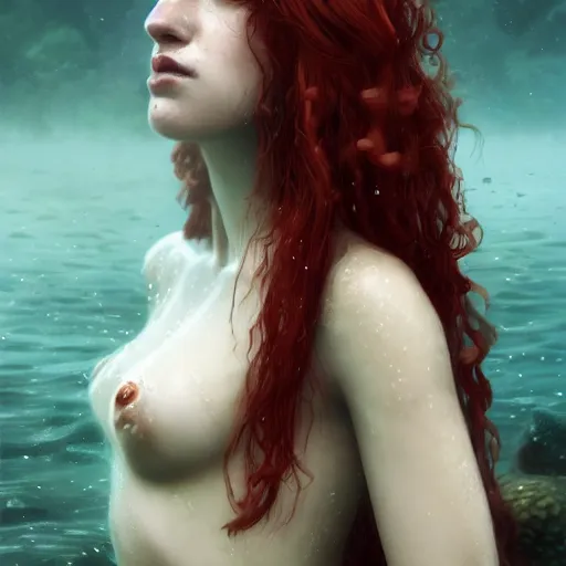 Image similar to a portrait of woman with long dark curly red hair under the water, stoic, pale skin, scales, mermaid, alone, white eyes, dramatic, epic painting, painting by wlop and nixeu, semirealism, artstation, octane render, sharpness, 8 k, golden ratio