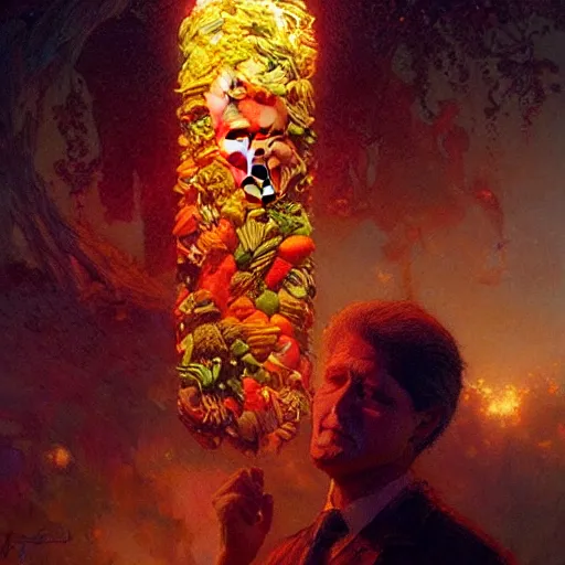 Image similar to bill clinton made of vegetables!!!, radiant light, caustics, heroic, bright iridescent light, by gaston bussiere, bayard wu, greg rutkowski