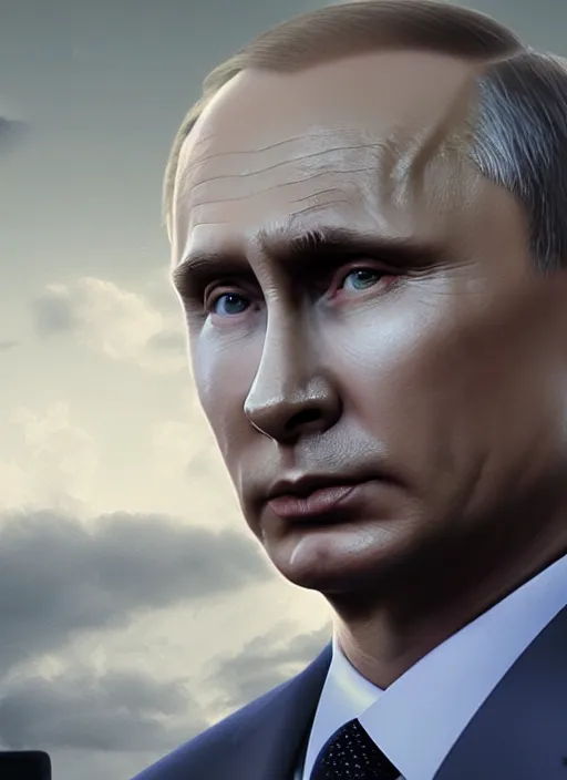 Prompt: highly detailed vfx portrait of vladimir putin, unreal engine, chrome reflect, greg rutkowski, global illumination, detailed and intricate environment