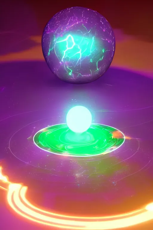 Image similar to a glowing magical orb flickering with purple and green lightning, unreal engine, path tracing