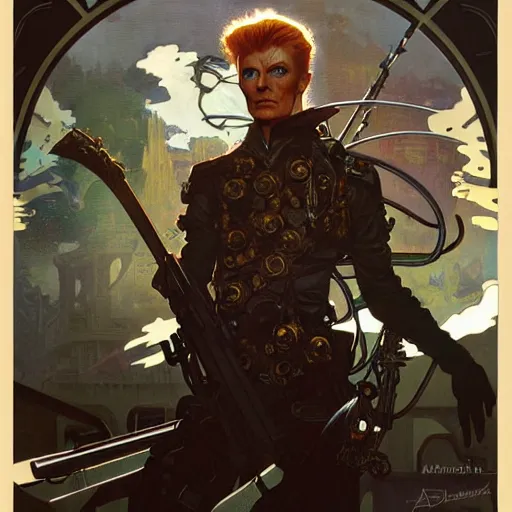 Image similar to post apocalyptic david bowie, fantasy, d & d, intricate, detailed, by by alphonse mucha, adolfo hohenstein, alice russell glenny, stanley artgerm lau, greg rutkowski, detailed, trending on artstation, trending on artstation, smooth